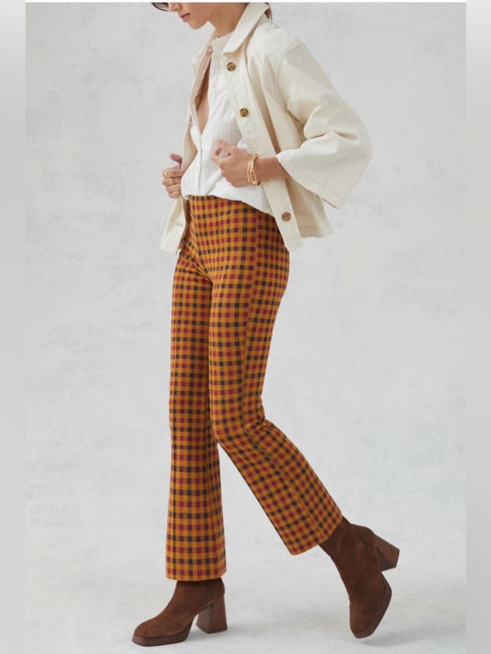 Maeve Anthropologie Plaid Knit Flare Pants Orange Mustard Gingham NWOT Size XS